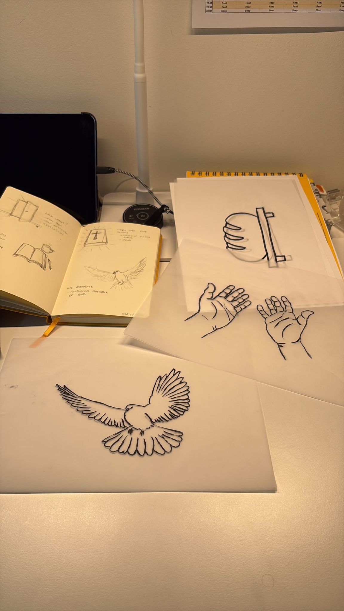 Initial sketches alongside several finished ink drawings for cover art