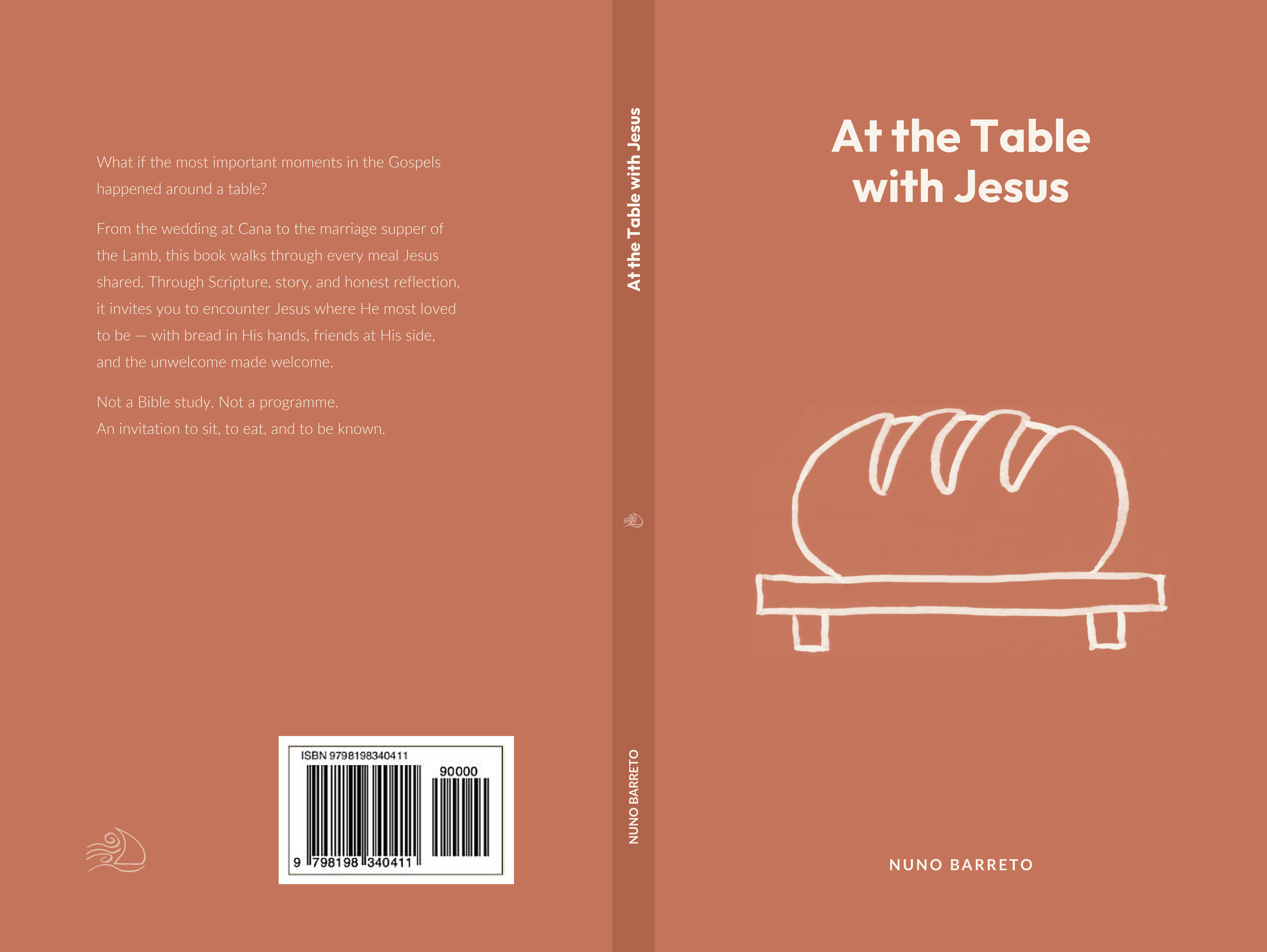 The full paperback wraparound cover for At the Table with Jesus, showing back, spine, and front in warm terracotta